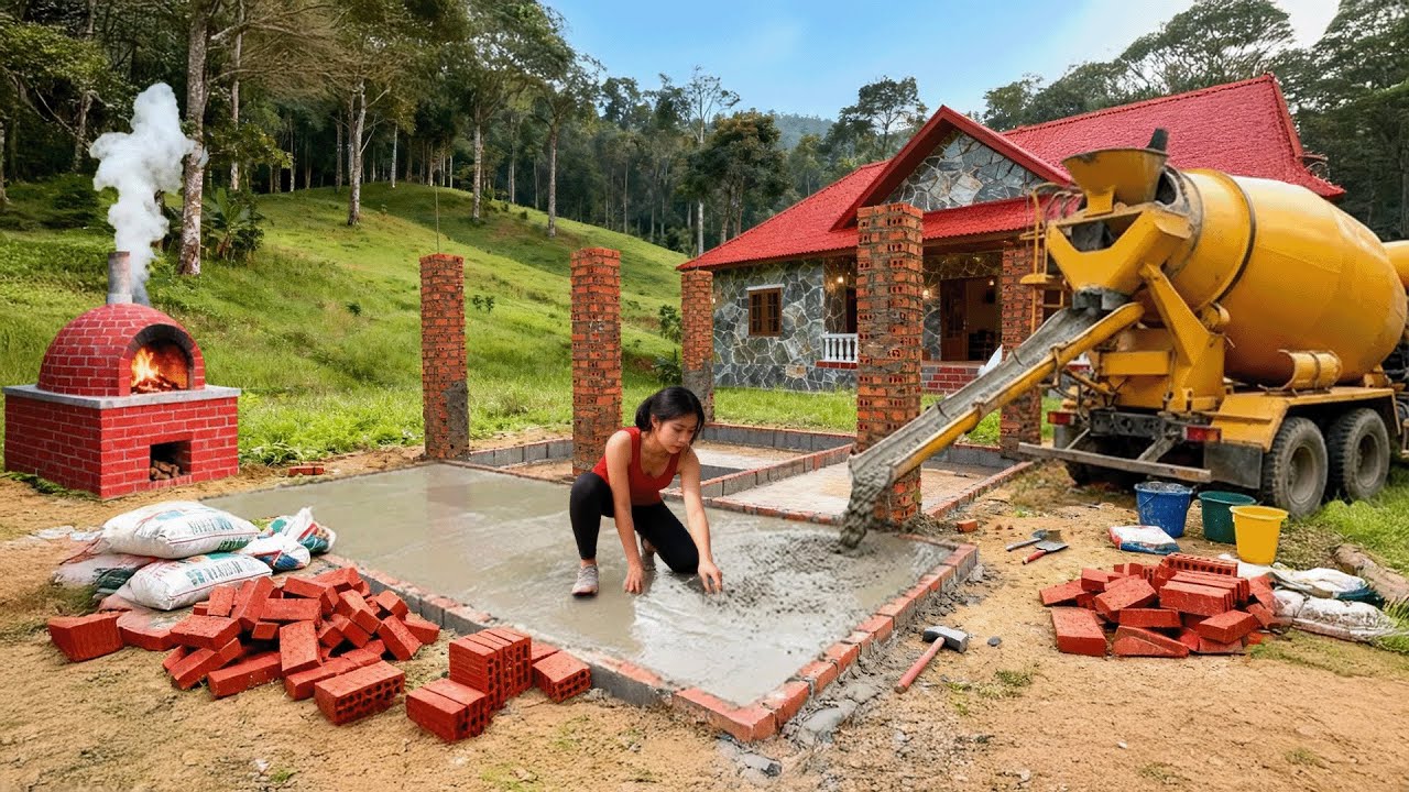 TIMELAPSE – Amazing DIY: Strong Girl Building a Kitchen House | Concrete Floor & Brick Pillars