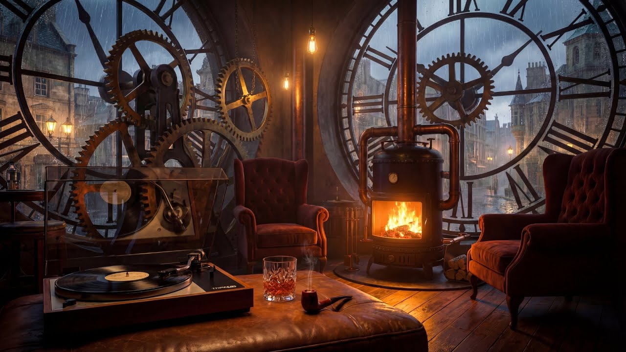 Secret Clock Tower Speakeasy 🕰️ Noir Jazz & Fireplace For Relaxation | 1 Hour [4K]