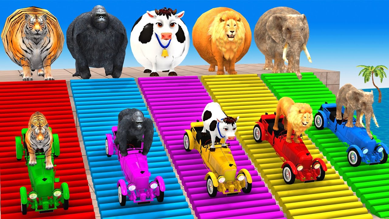 Long Slide Game With Cow Elephant Gorilla Hippopotamus Tiger 3d Animal Game Funny 3d Animals