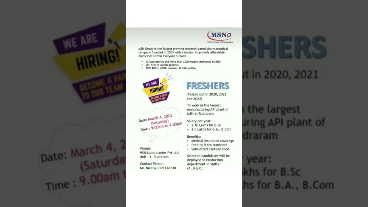 MSN Pharma | Job's In Hyderabad | Pharma Fresher Job's In Hyderabad