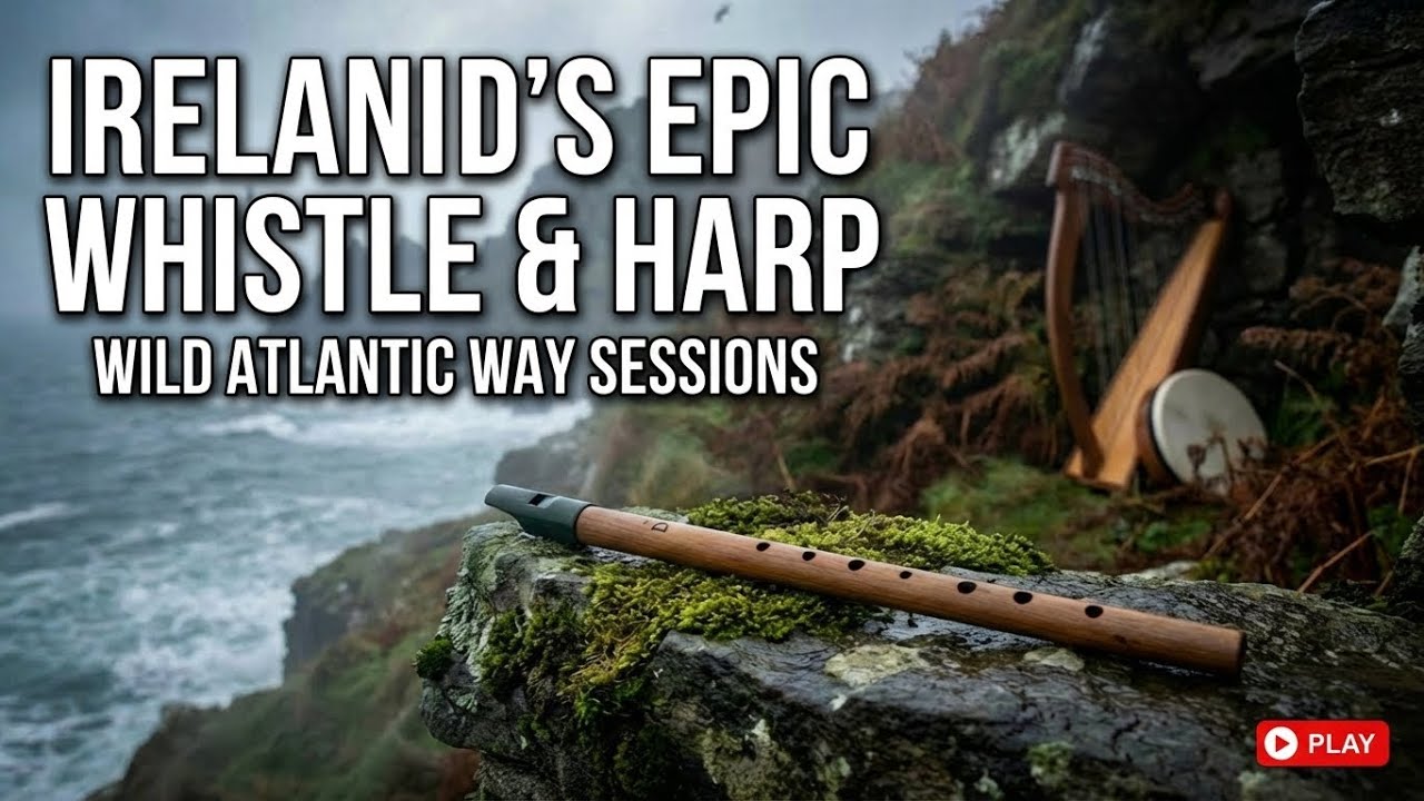 Ancient Celtic Ambience: Low D Tin Whistle & Harp | Misty Cliffs, Ocean Waves, & Bodhrán Heartbeat