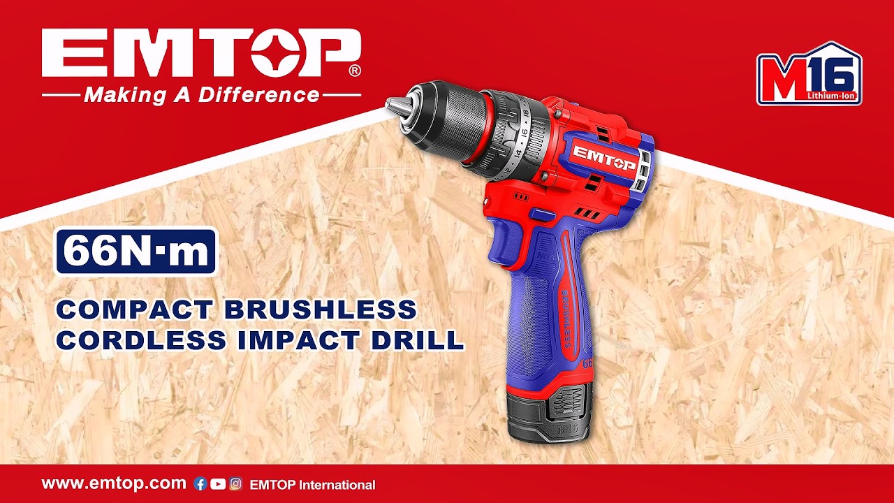 16V Compact Brushless Cordless Impact Drill 66N&middot;m EMTOP ECIDL16665