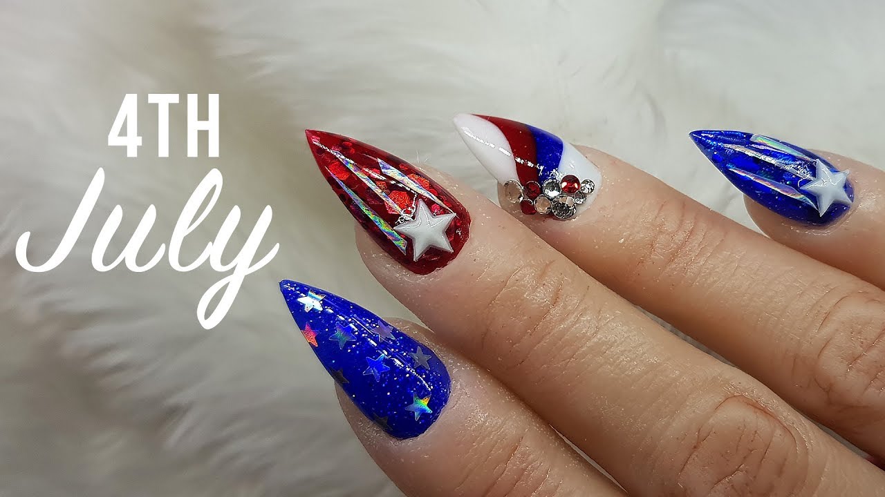 4TH JULY ACRYLIC NAIL DESIGN | POINTED ALMOND NAIL ART