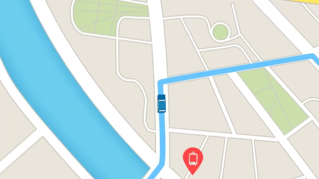 Animacja mapy nawigacji GPS, za kt&oacute;rą podąża samoch&oacute;d