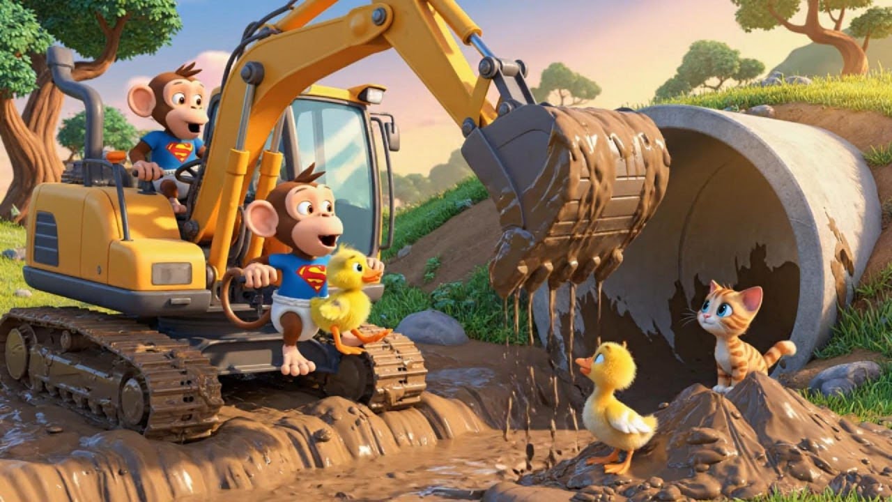 Baby Monkey Uses an Excavator to Clear a Giant Drain | Kids Storytime