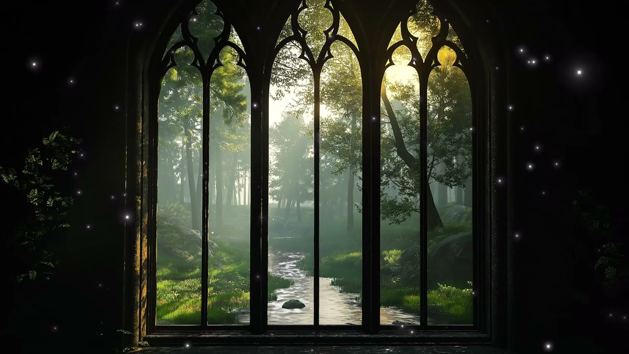 Hogwarts Castle Sunrise Window View with Forest Birds | Calm Cottagecore Study Ambience