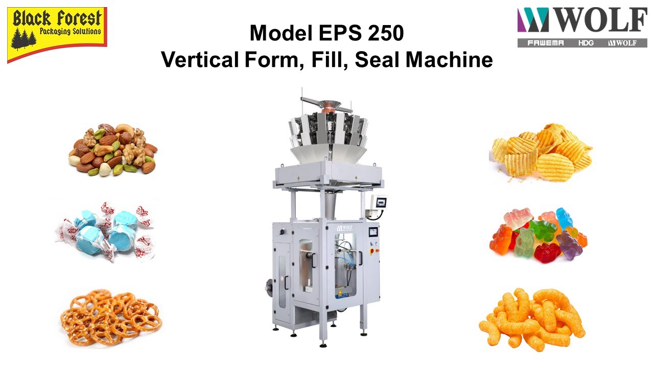Wolf Packaging Machines Model EPS 250 Vertical Form, Fill, and Seal Bagger Running Mixed Nuts