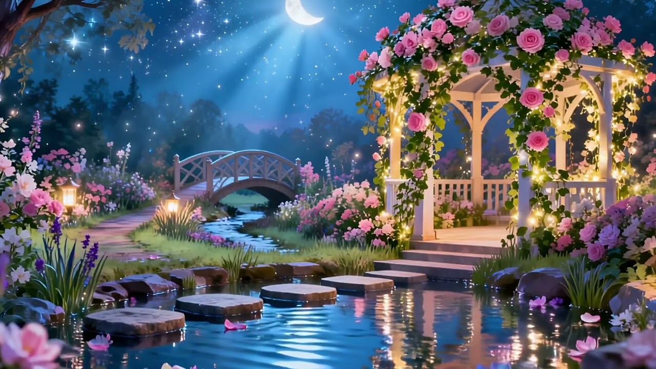 🌙 Enchanted Moonlit Garden | Water Stream & Cricket Sounds for Sleep and Relaxation (10 hours)