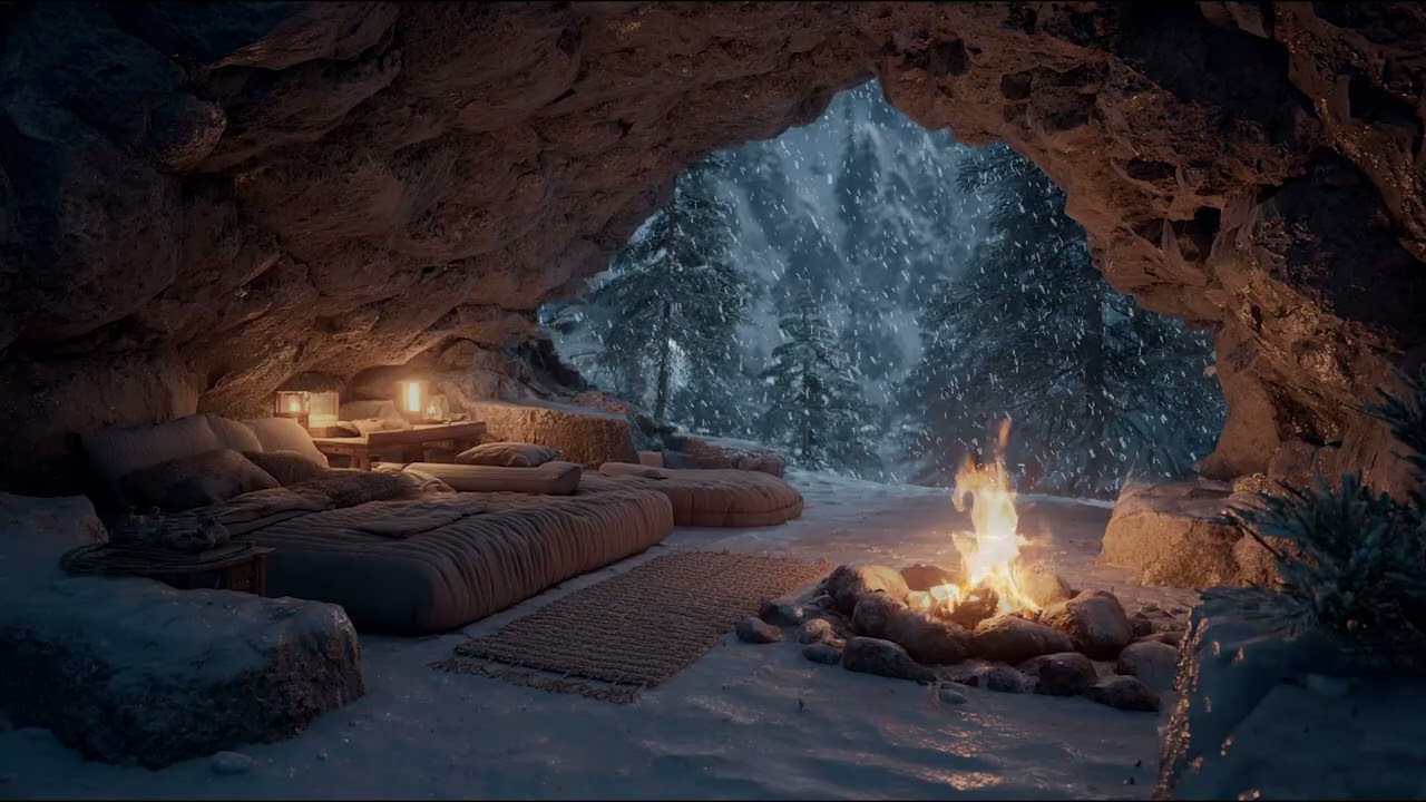 Warm Cave by the Fire Overlooking Snowy Mountains – Relaxing Fire and Wind Sounds for Sleep