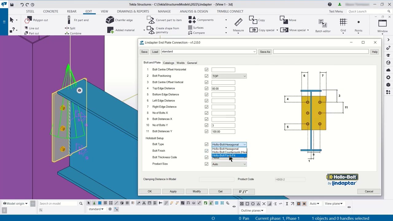 How to use the Hollo-Bolt on end plates within Trimble Tekla