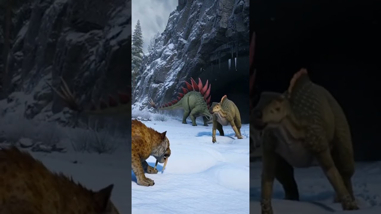 Iguanodon vs a stalking Smilodon (Sabertooth Cat) in a Prehistoric World