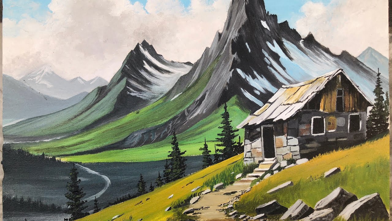 Mountain Landscape scenery Painting | Acrylic Painting | Mountain Landscape with rustic cabin