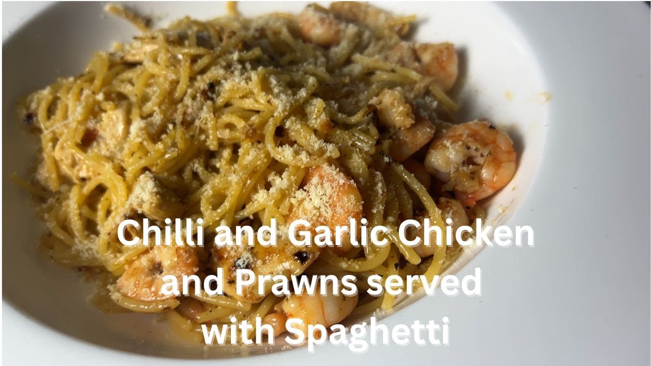 Chicken and Prawns cooked in a garlic and chilli sauce served with Spaghetti. What's for dinner UK
