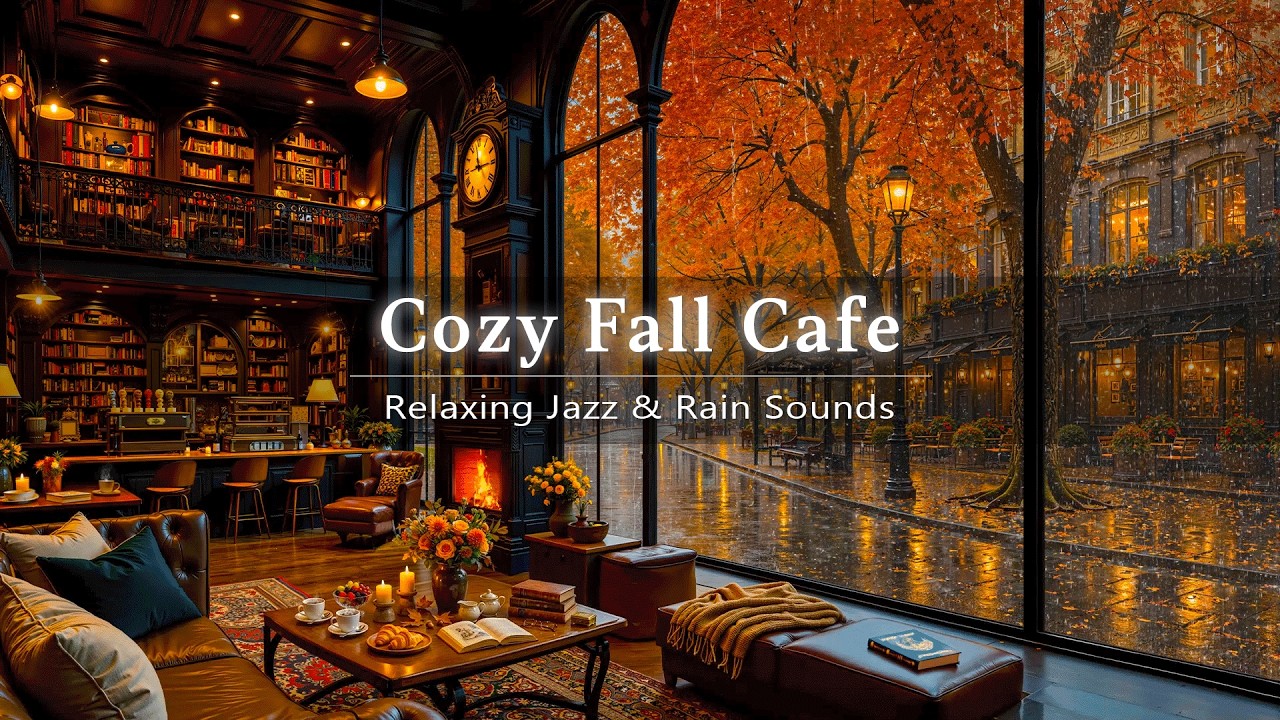 Smooth Rainy Jazz in Fall 🍂 Cozy Cafe Ambience with Calm Jazz & Fireplace Sounds for Stress Relief