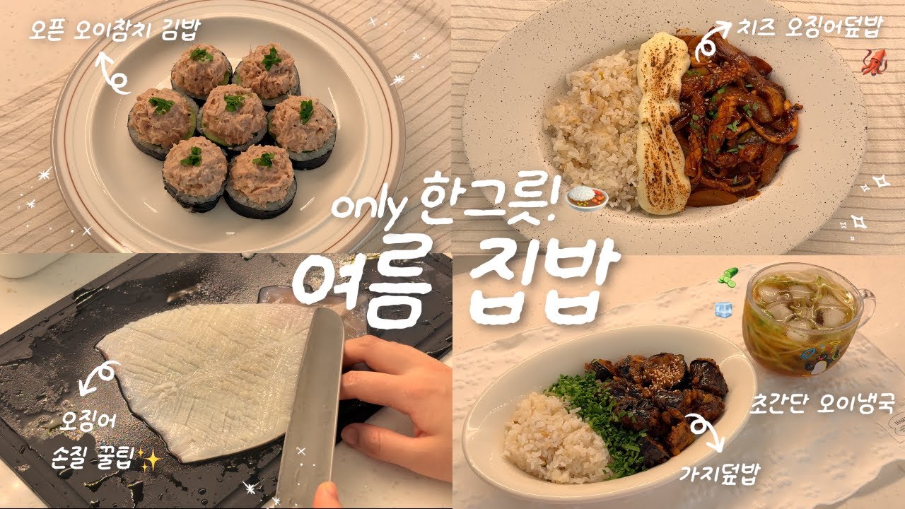 한그릇 여름 집밥🍑🫧 1인 가구의 집밥 브이로그🍙🏠ㅣ치즈 오징어덮밥🧀ㅣ오이냉국&가지덮밥🍆ㅣ오픈 참치오이 김밥🥒
