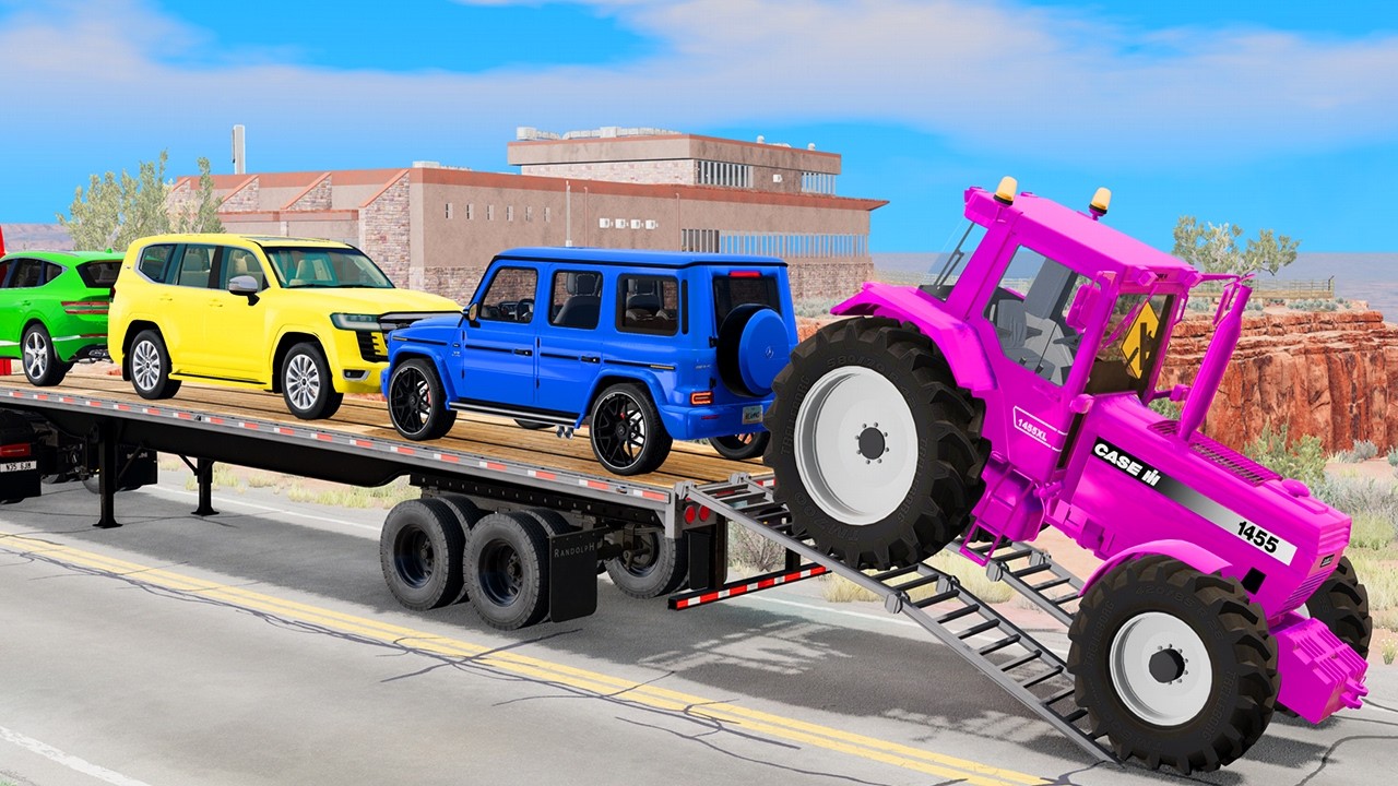 Double Flatbed Trailer Truck vs Speedbumps Train vs Cars | Tractor vs Train Beamng.Drive episode 02