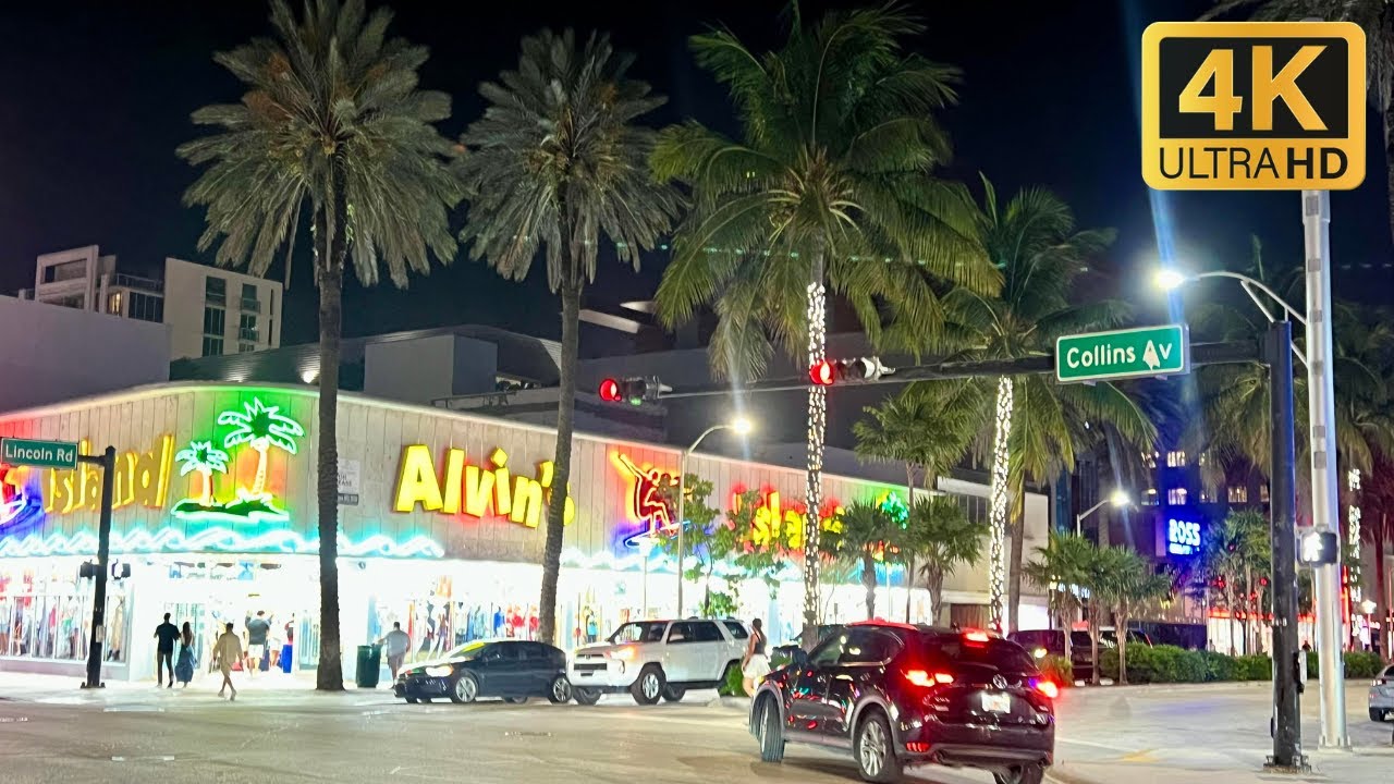 4K Night Walk along Collins Ave, South Beach | Miami After Dark | Scenic City Walk