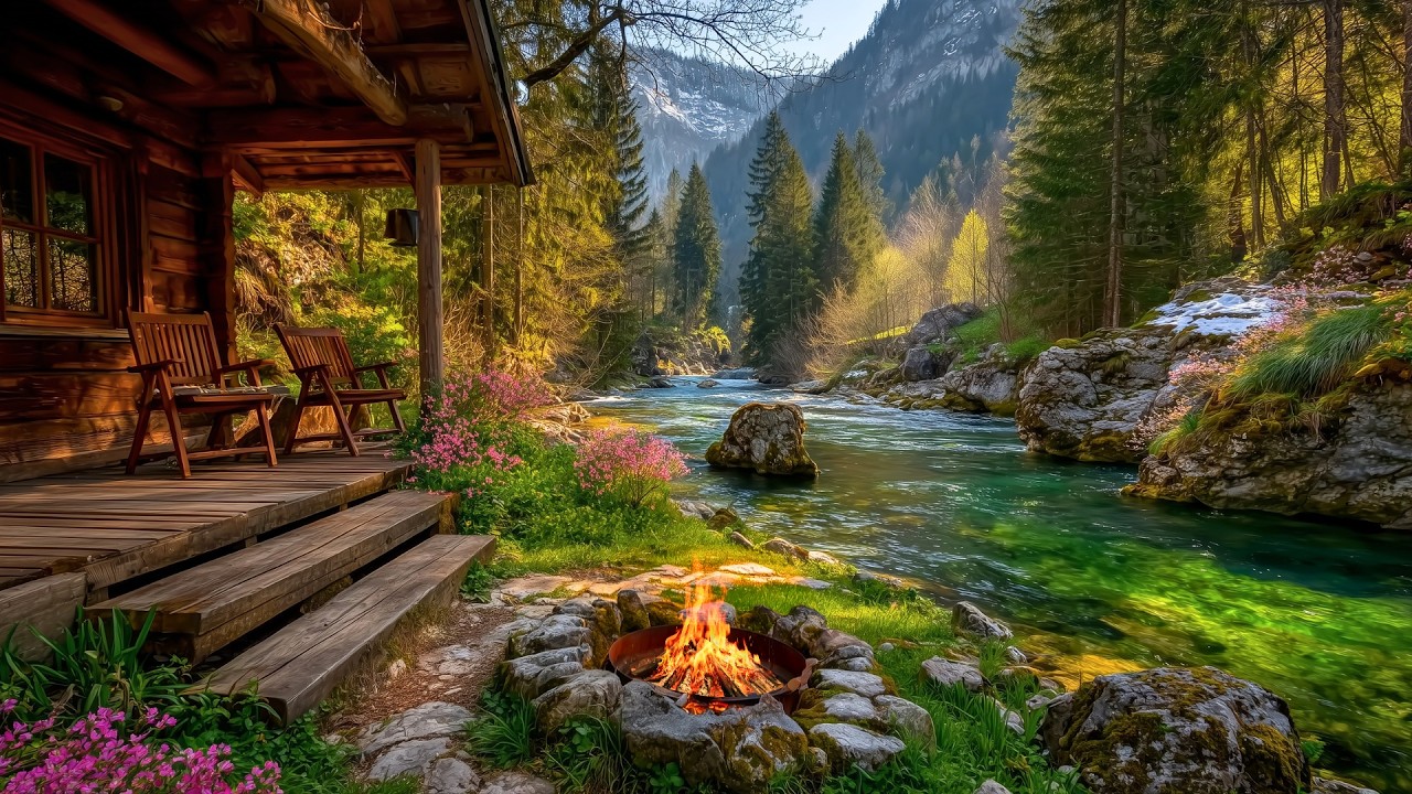 A Gentle Moment of Spring 🌸 Riverside Cabin with Birds & River Sounds