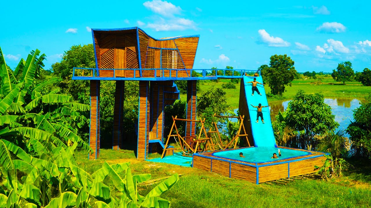 Epic 2-Story Bamboo House With Giant Waterslide & Pool 🌴💦