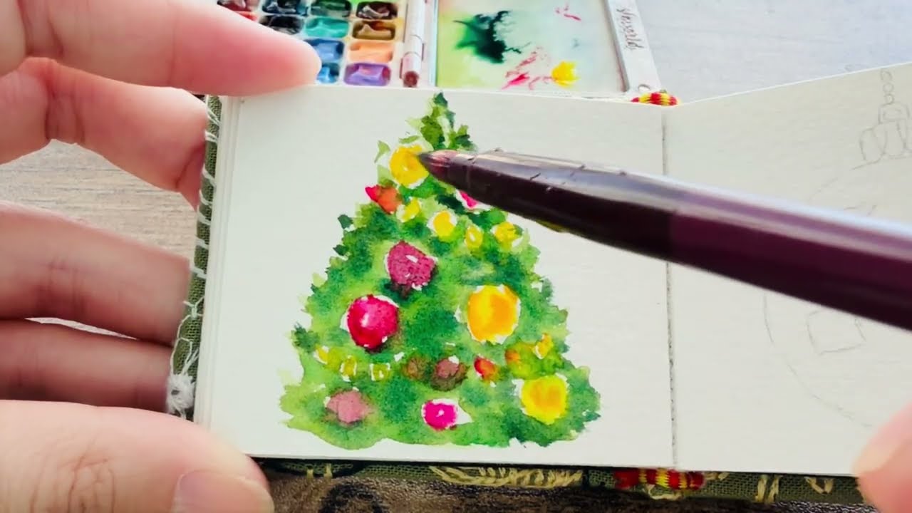 How to Paint Christmas Tree in 4 Minutes Tiny Watercolor迷你水彩Super Easy for Beginners#art #watercolor