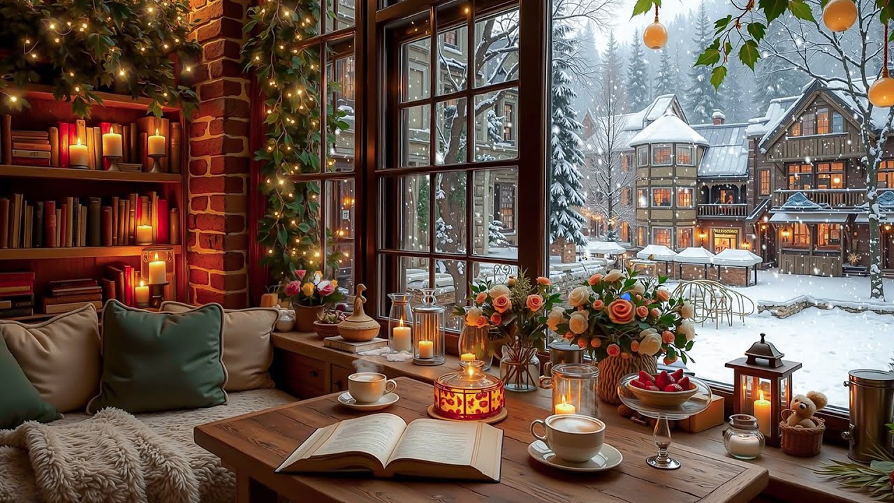 Beautiful Winter Jazz ❄️ Cozy Coffee Shop Ambience with Soft Snowfall for Study & Work