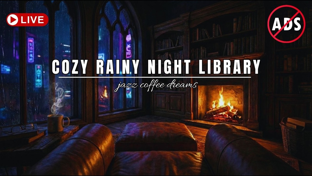 Cozy Rainy Night Library 🌧️ Soft Jazz & Fireplace Sounds for Study & Focus