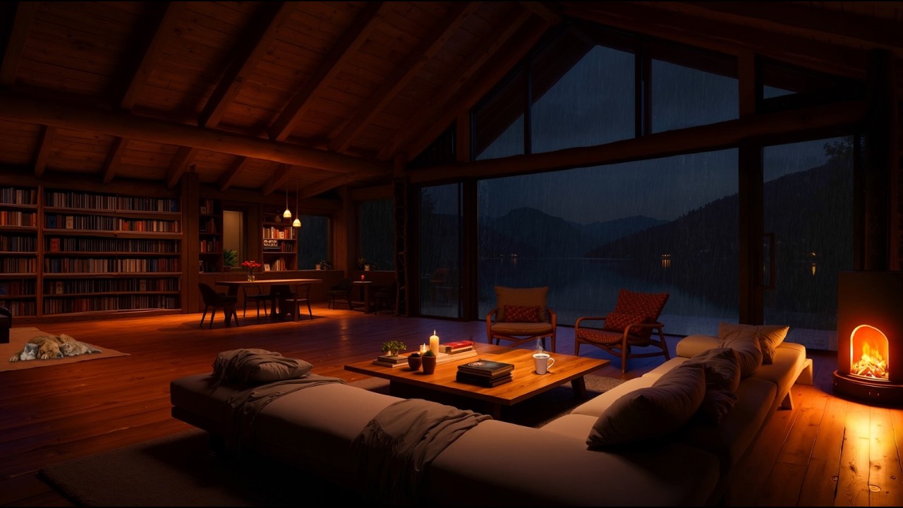 Rainy Sounds in Cabin Night ⛈️ Heavy Rain, Fireplace by the Lake for Fall Asleep, Stress | NO ADS