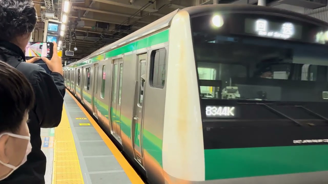 E233系ハエ131編成TK入場回送が新宿駅2番線を出発するシーン