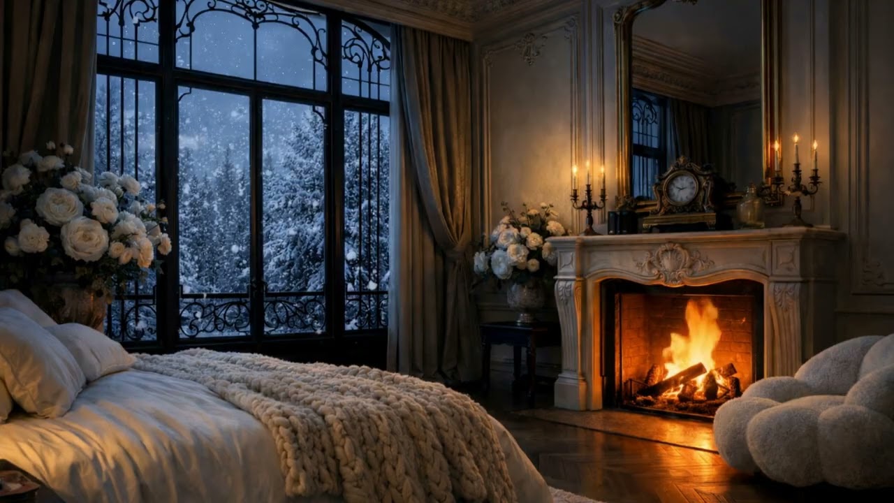 Moody Parisian Jazz Ambience | 3 Hours of Crackling Fireplace, Falling Snow & Winter Night