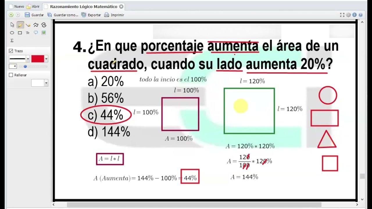 ¿En que porcentaje aumenta el área de un cuadrado, cuando su lado aumenta 20%? | PORCENTAJES