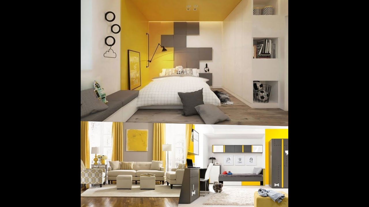 PRETTY GOOD COLOR COMBINATION OF GREY AND YELLOW WITH BLACK AND WHITE TOUCH INTERIOR DESIGN IDEAS
