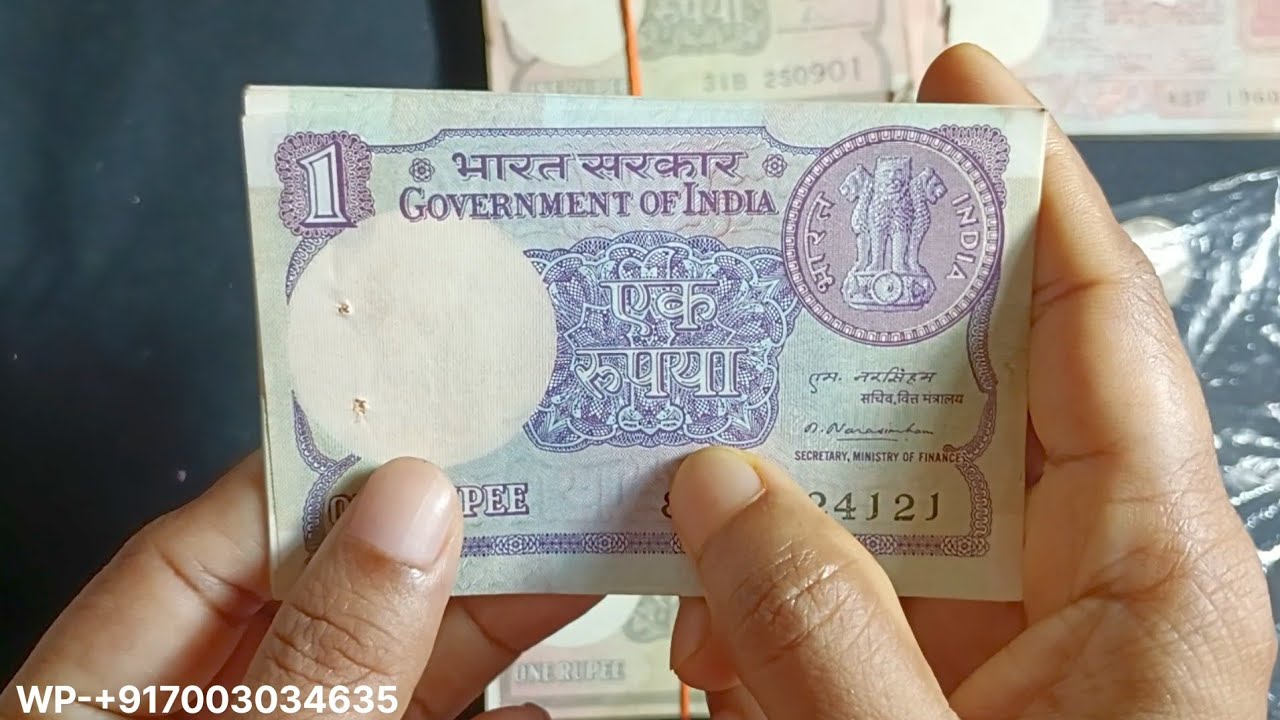 WP-+917003034635. Valuable Indian Notes & Coins. (H) 1 Rupee Notes Governor Narasimham Rao 1981.