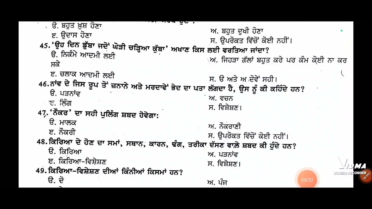 ਅੱਜ ਦਾ ਵਿਸ਼ਾ ਪੰਜਾਬੀ ਵਿਆਕਰਨ  ਨਾਲ ਸੰਬੰਧਿਤ  ਸੰਬੰਧਿਤ most important MCQ Ji part(2)  