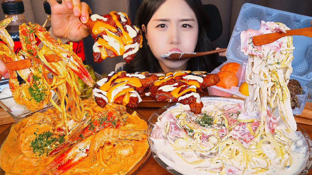 Липкий Звук🦀 ОСТРАЯ КРЕМОВАЯ ЛАПША & КАРБОНАРА & ЖАРЕНАЯ КУРИЦА АСМР МукбангㅣKorean Mukbang