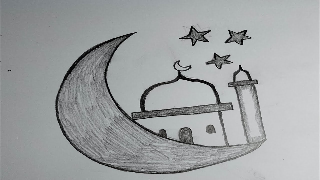 Easy Ramadan Drawing 🕌 Crescent Moon and Mosque Sketch for Kids and Beginners Step by Step 