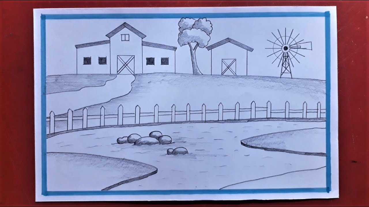 Draw a farm scene with barns river || Pencil Scenery Drawing Easy
