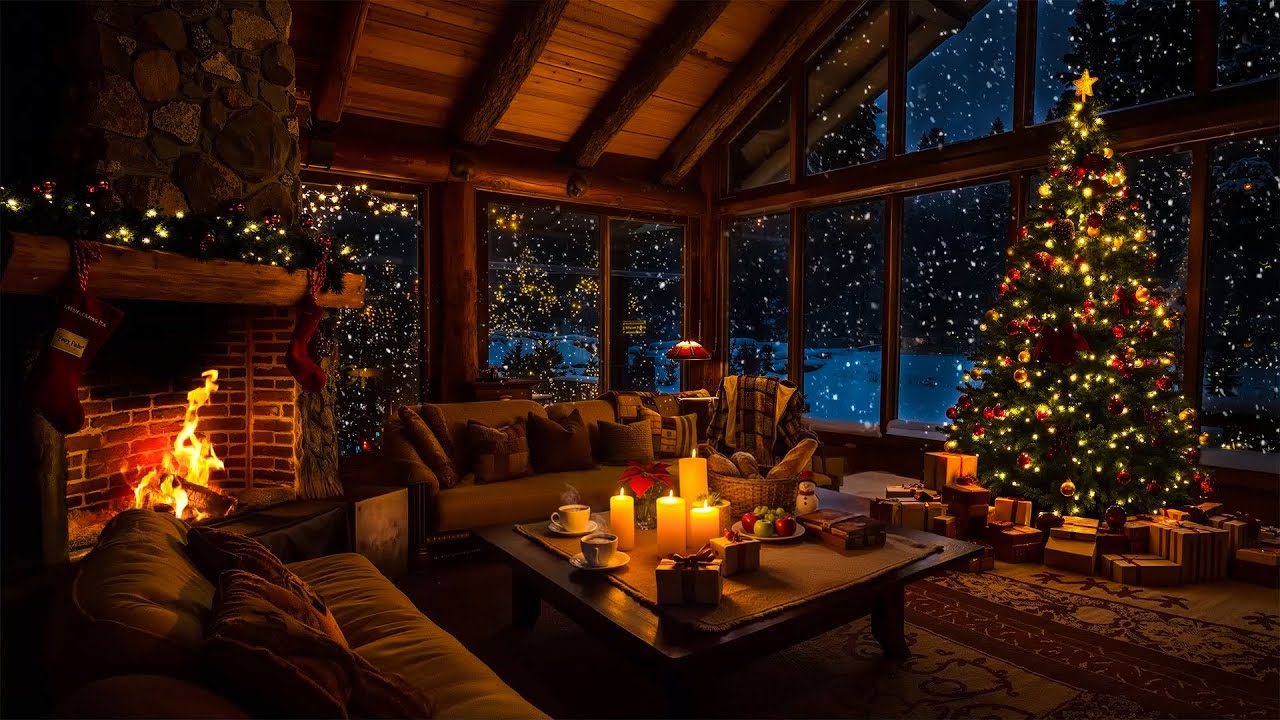 Relaxing Christmas Night 🎄 Cozy Winter Cabin Ambience with Smooth Jazz Music & Warm Fireplace Sounds