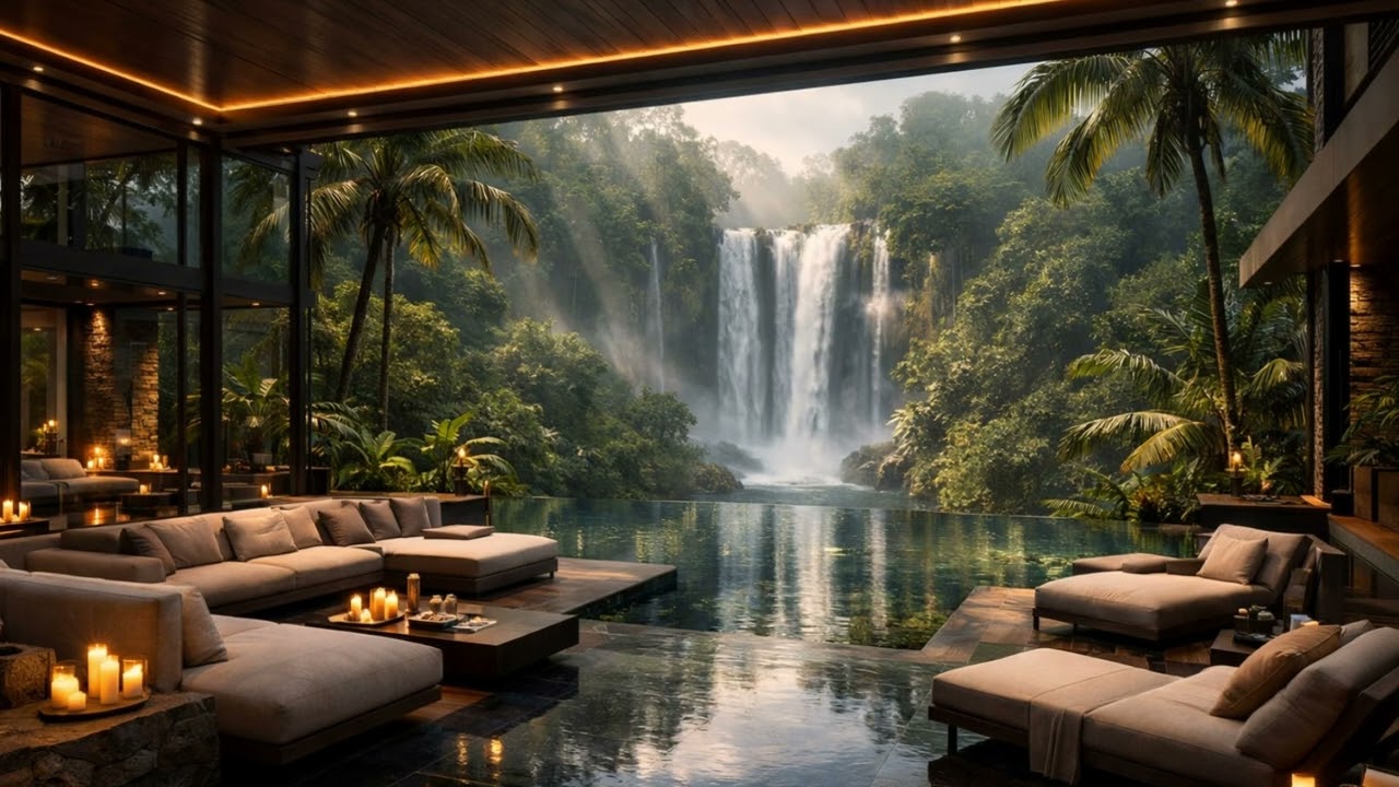 Luxury Waterfall Retreat 🌿 Smooth Jazz 40 BPM + Natural Waterfall Ambience | Deep Relaxation