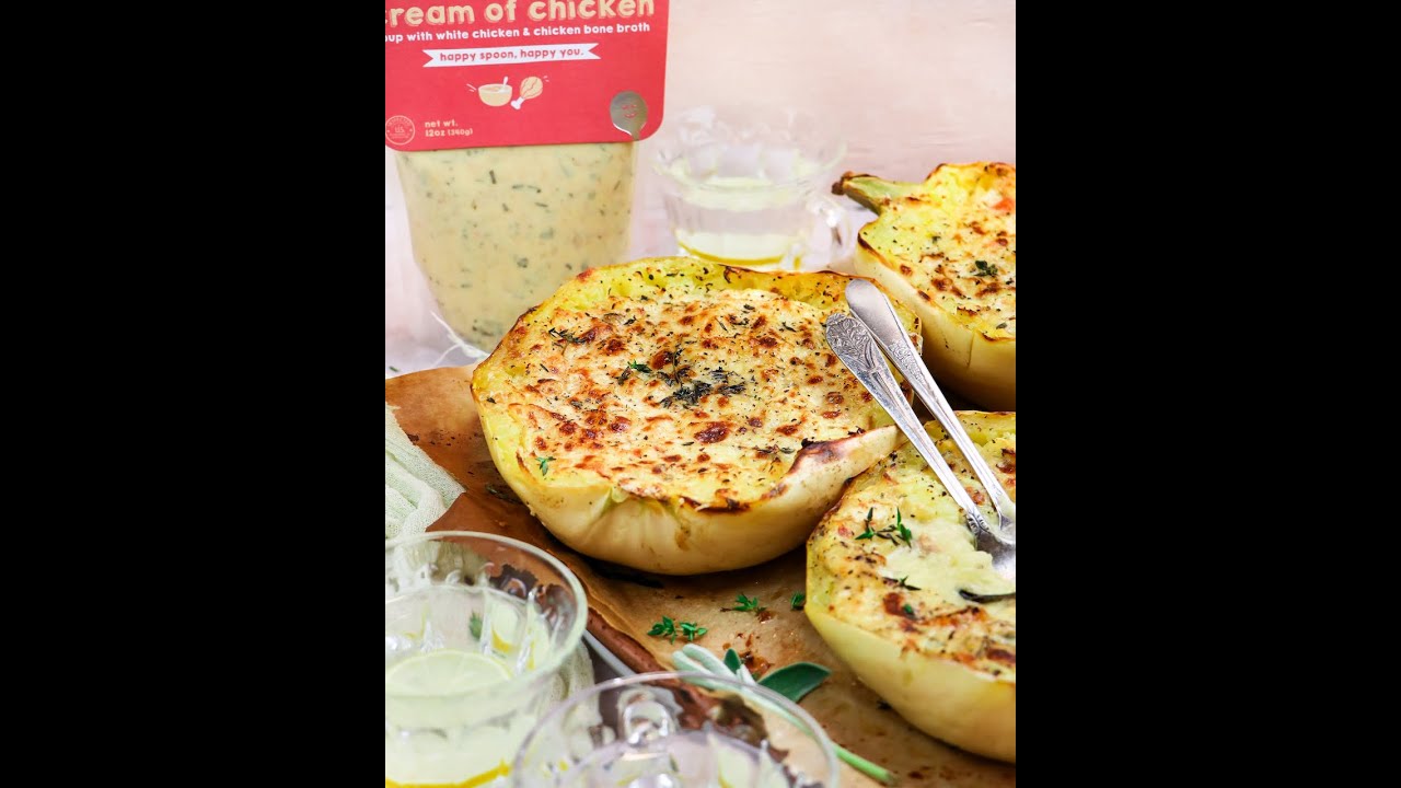 Creamy Chicken Spaghetti Squash Boats // 