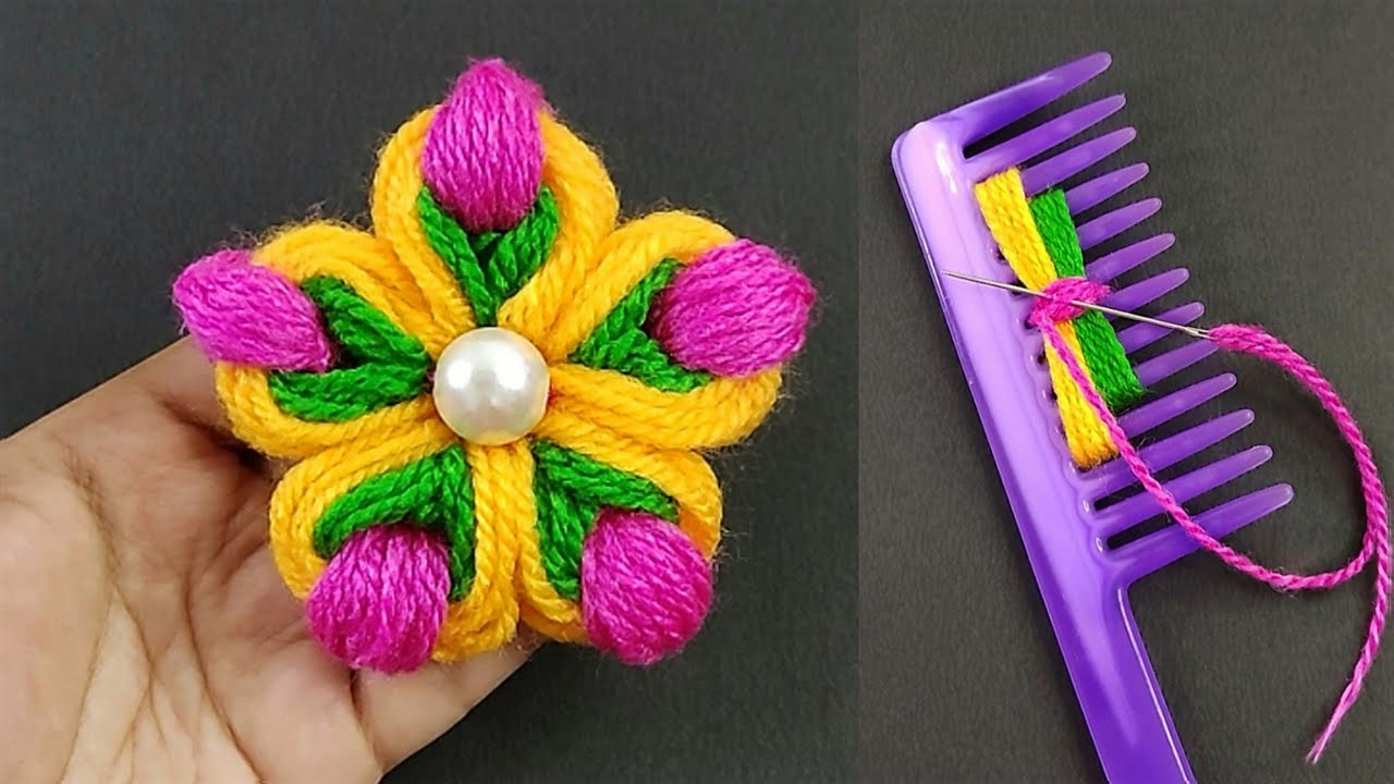 DIY Super Easy Woolen Flower Making using Comb - Embroidery Flower Making using Comb - Wool Craft