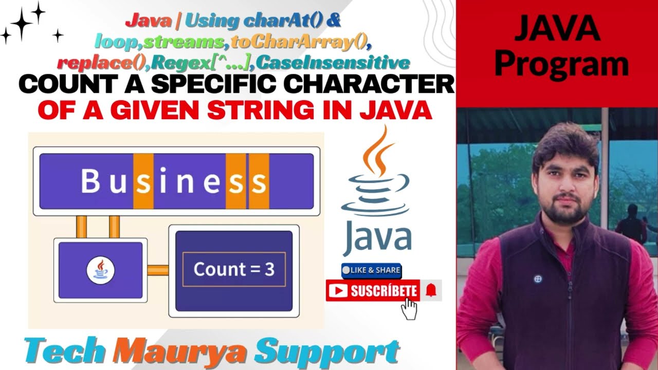 Count SpecificCharacter in Java|Using charAt(),Stream,toCharArray(), replace(),Regex,CaseInsensitive