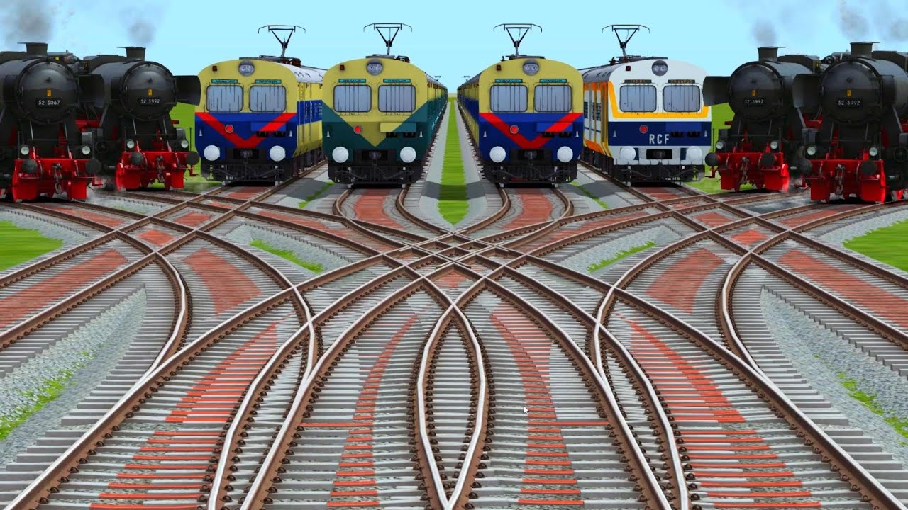 EIGHTS TRAINS RUN AT OVER CROSS BUMPY RAILROAD TRACKS-Realistic Trains Crossing videos