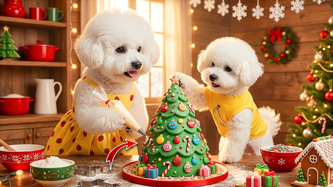 Mom Dog and Puppies Make Gorgeous Christmas Tree Cake and Delicious | Cozy Christmas Cooking