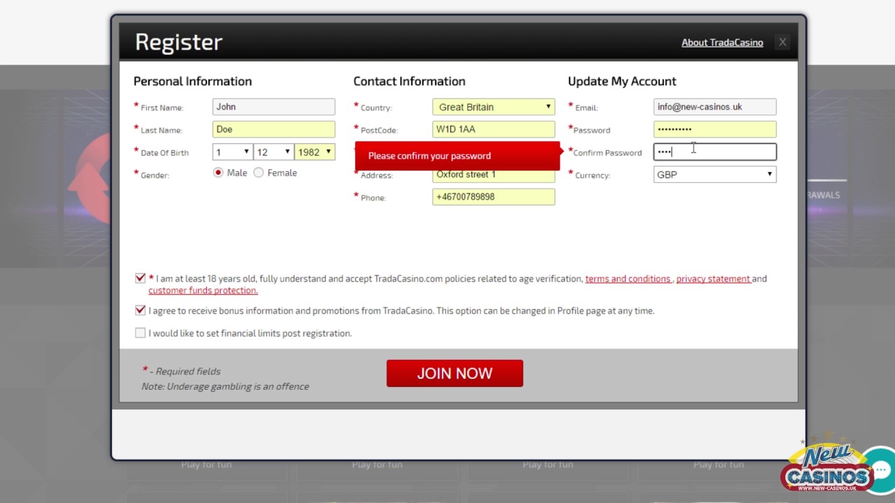 Trada Casino - How to register?