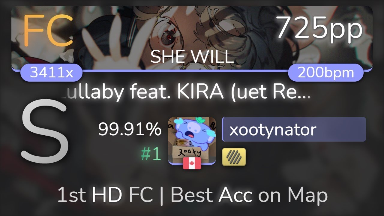 xootynator | Hisatomi - Lullaby feat. KIRA (uet Remix) [SHE WILL] 1st +HD FC 99.91% {#1 725pp FC}