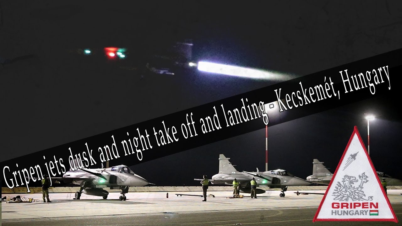 Gripen jets dusk and night take off and landing - Kecskemét, Hungary