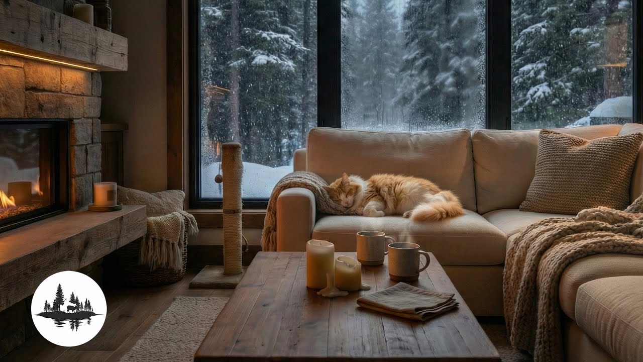 Snow Falling in Forest: Warm Fireplace & Sleeping Cat | Deep Sleep & Study Music