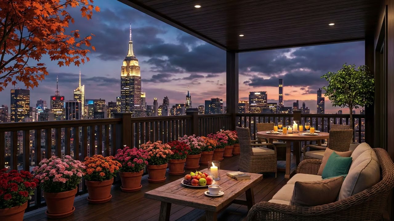 Scenic Rooftop Jazz Music with City New York City Skyline for Work, Study, and Relaxation