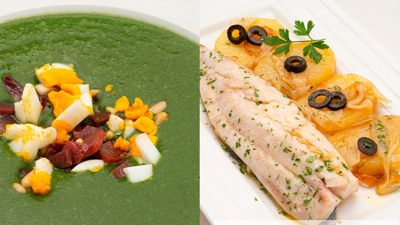 Crema de espinacas con huevo, jamón y piñones - Mojarra con patatas panadera - Cocina Abierta