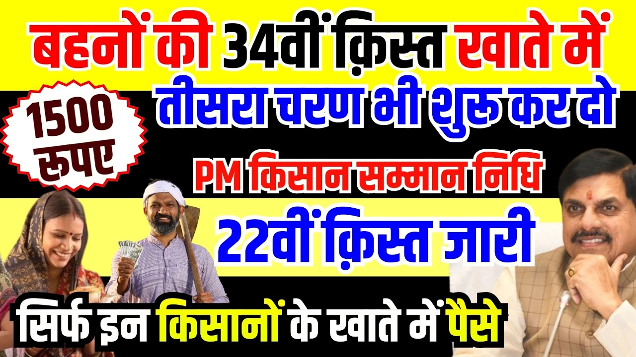 Ladli Behna Yojana 34th किस्त हुई जारी 1500 रूपए खाते में | PM Kisan 22th क़िस्त Today Breaking News